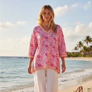 Gretchen Scott Top Womens Sz M Tunic V-Neck Orange Pink 3/4 Sleeve blouse beach